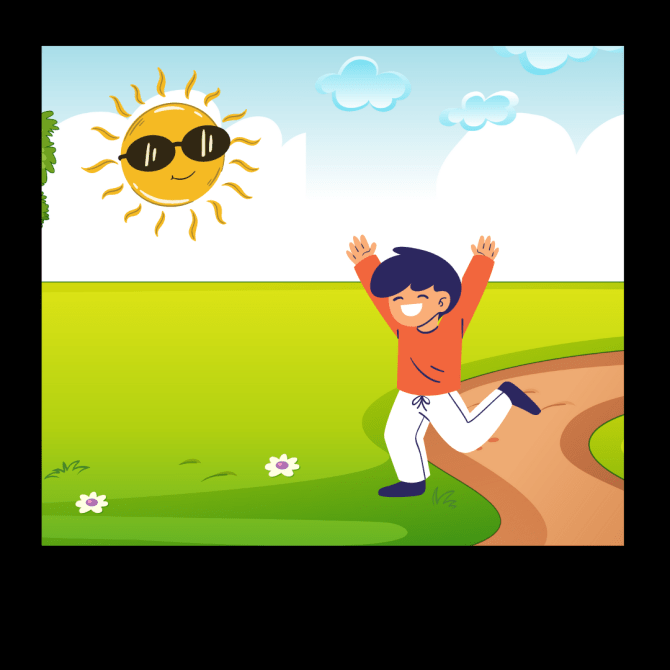 Within a polaroid frame is a vector image of a kid running through a park with a sun that has sunglasses on in the top left corner.